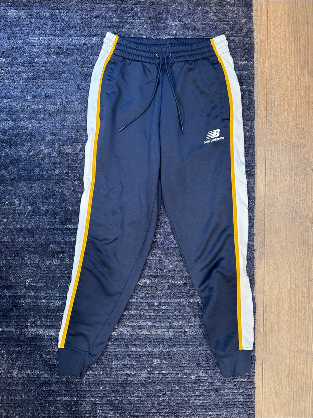 New Balance Navy Joggers with White & Yellow Side Stripes - Men’s Size S